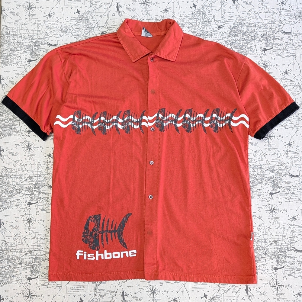 Vintage Y2K Fishbone Orange Graphic Men's Casual Button Up Shirt Size XL